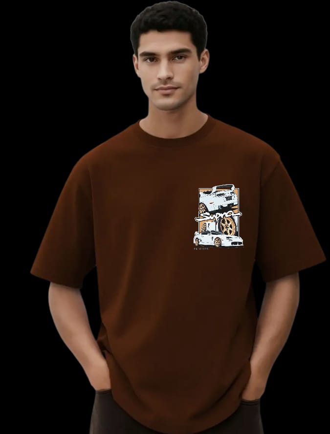 Dark Brown Cotton Oversized T-shirt With White Car Print