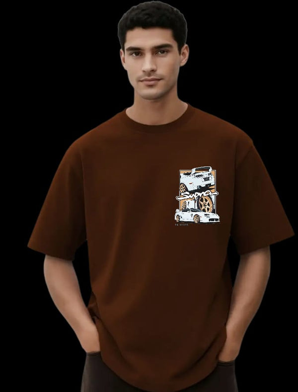Dark Brown Cotton Oversized T-shirt With White Car Print