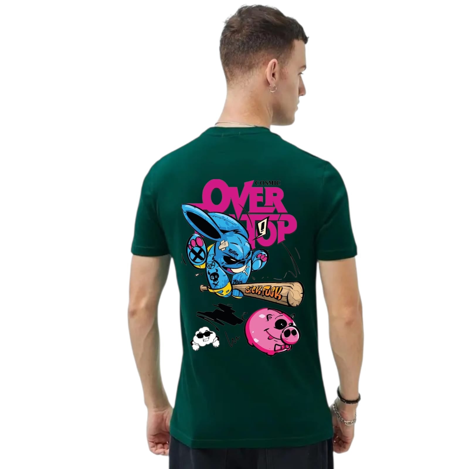 Dark Green Cotton T-shirt With Over Top Print