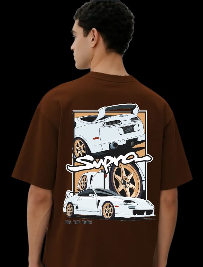 Dark Brown Cotton Oversized T-shirt With White Car Print